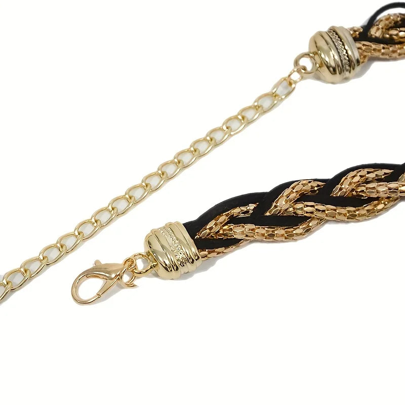 Women's Metal Braided Waist Belt with Tassel Stylish Black & Golden Design