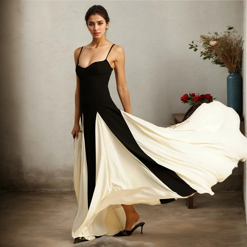 Slim Black And White Contrast Color Strap Dress Sexy V-Neck High Waist Dress