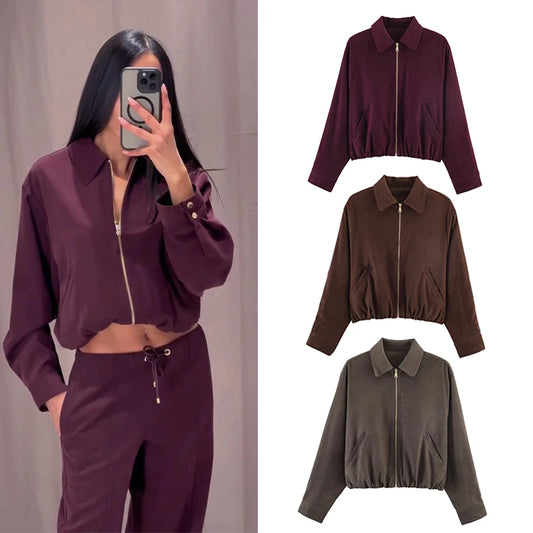 3-Color Loose Zip-up Jacket Casual Chic  Jacket