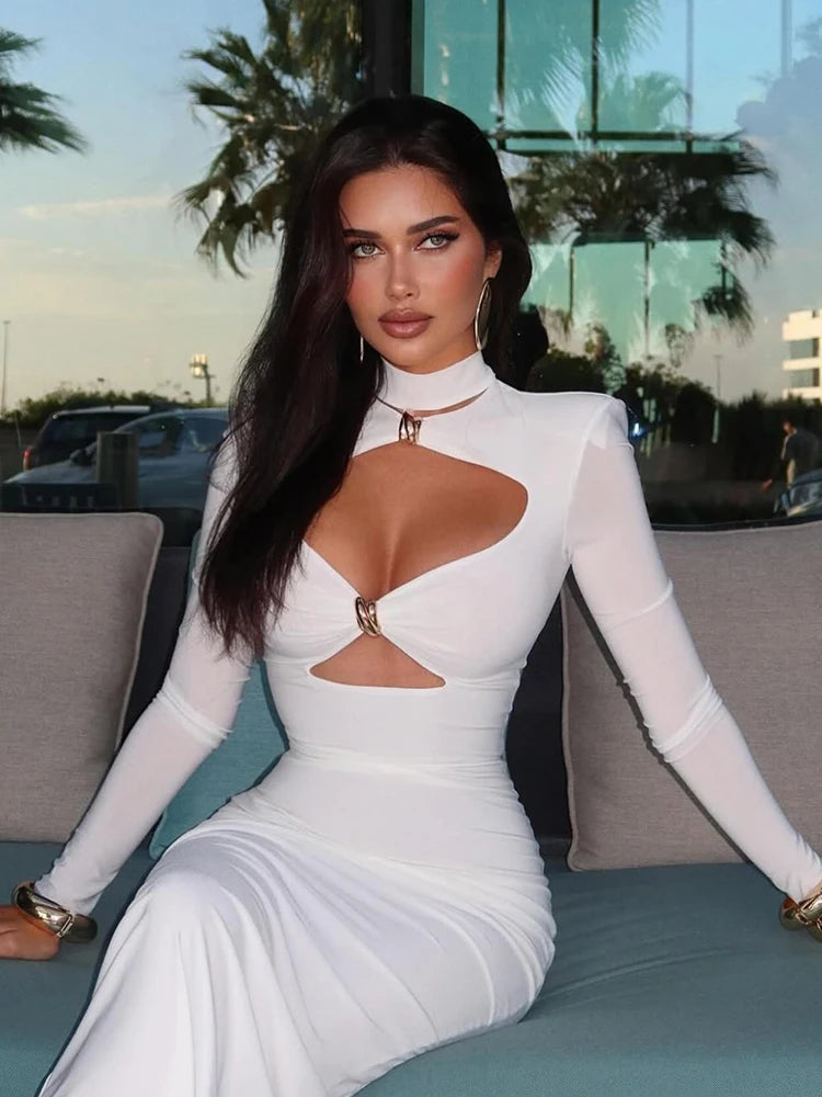 Sexy Solid Full Sleeves Hollow Out Turtleneck Sheath Hip Wrap Dress