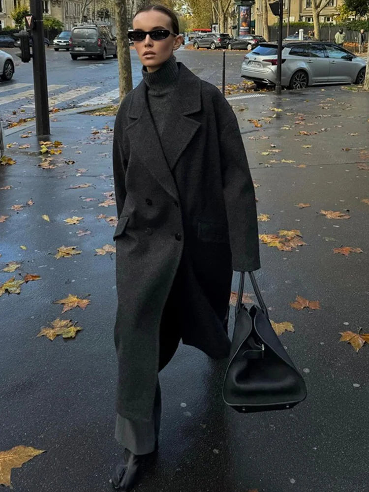 Fashion Women Winter Coats Casual Loose Lapel Double Breasted Long Jacket