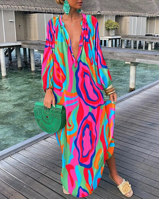 Casual Fashion Print V-Neck Loose Retro Comfortable Maxi Dress