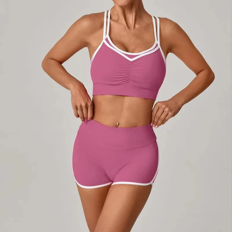 Women's Yoga  Fitness Color-Block Cross Beauty  Hip-Lifting Shorts Suits