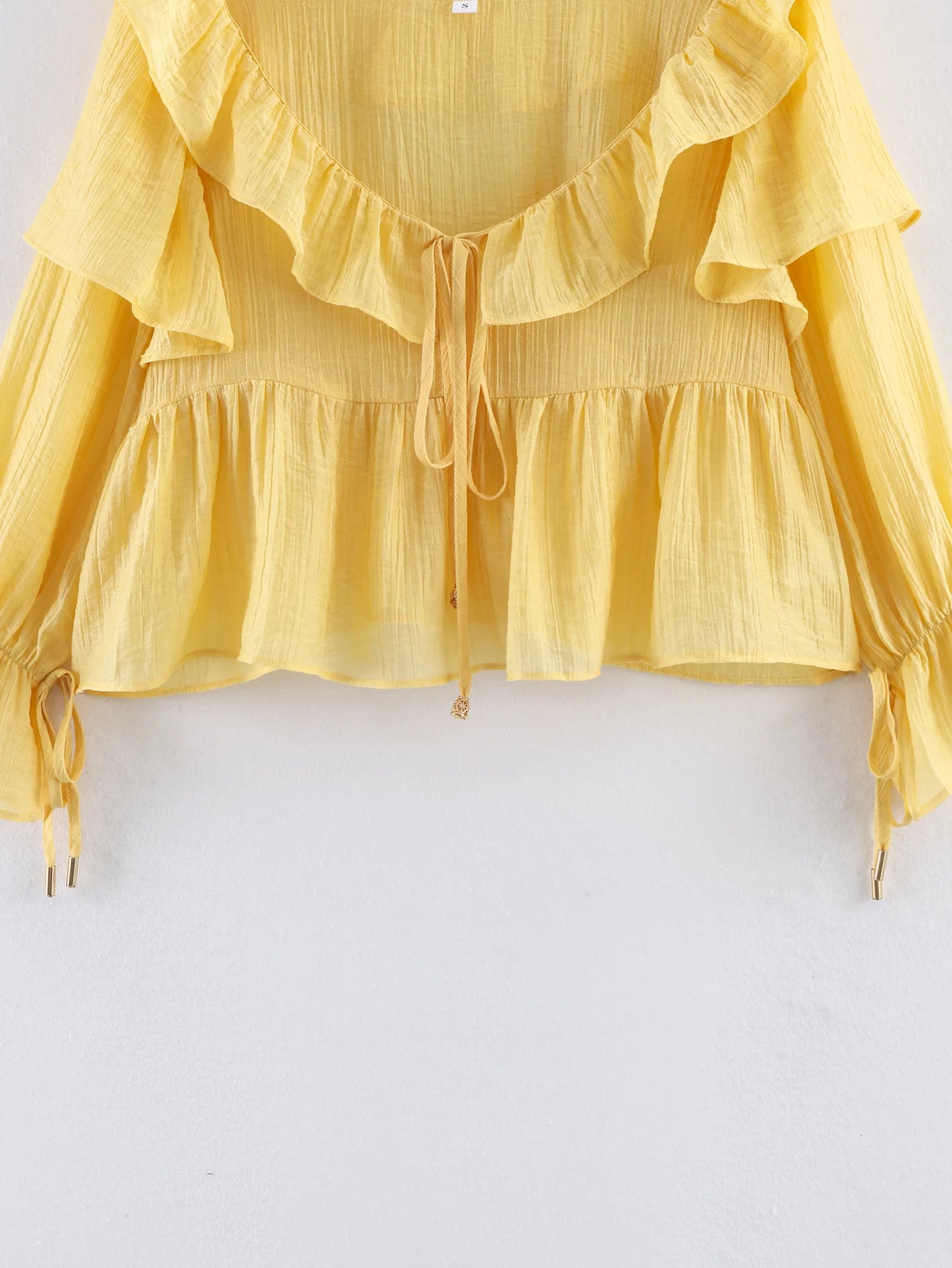 Women's Yellow Blouses Vintage Solid Cascading Ruffle Bow Lace-Up