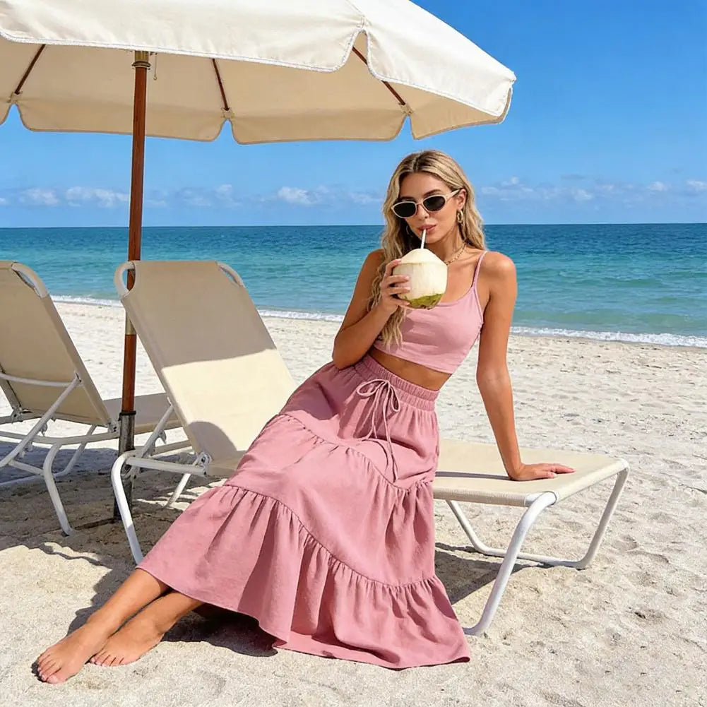 Women's Summer Tiered  A-Line Maxi Skirt High Waisted Pleated Swing Long Skirt