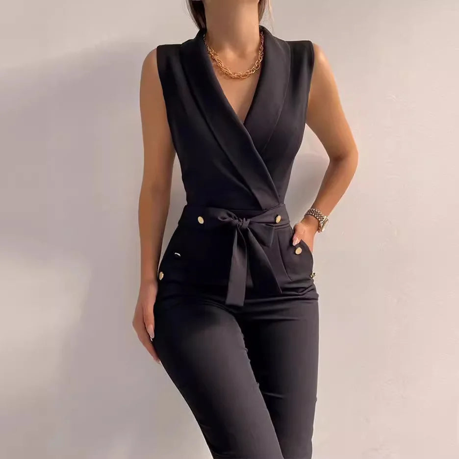 Women's Sleeveless Jumpsuit  V-neck Lace-up Jumpsuits