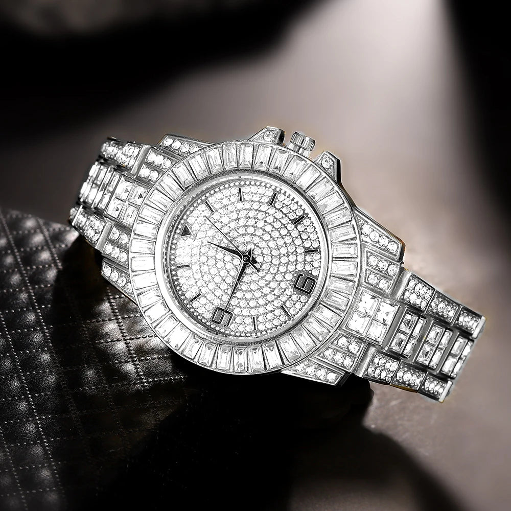 5Pcs Silver HipHop Watch Set Ice Flash Men Women