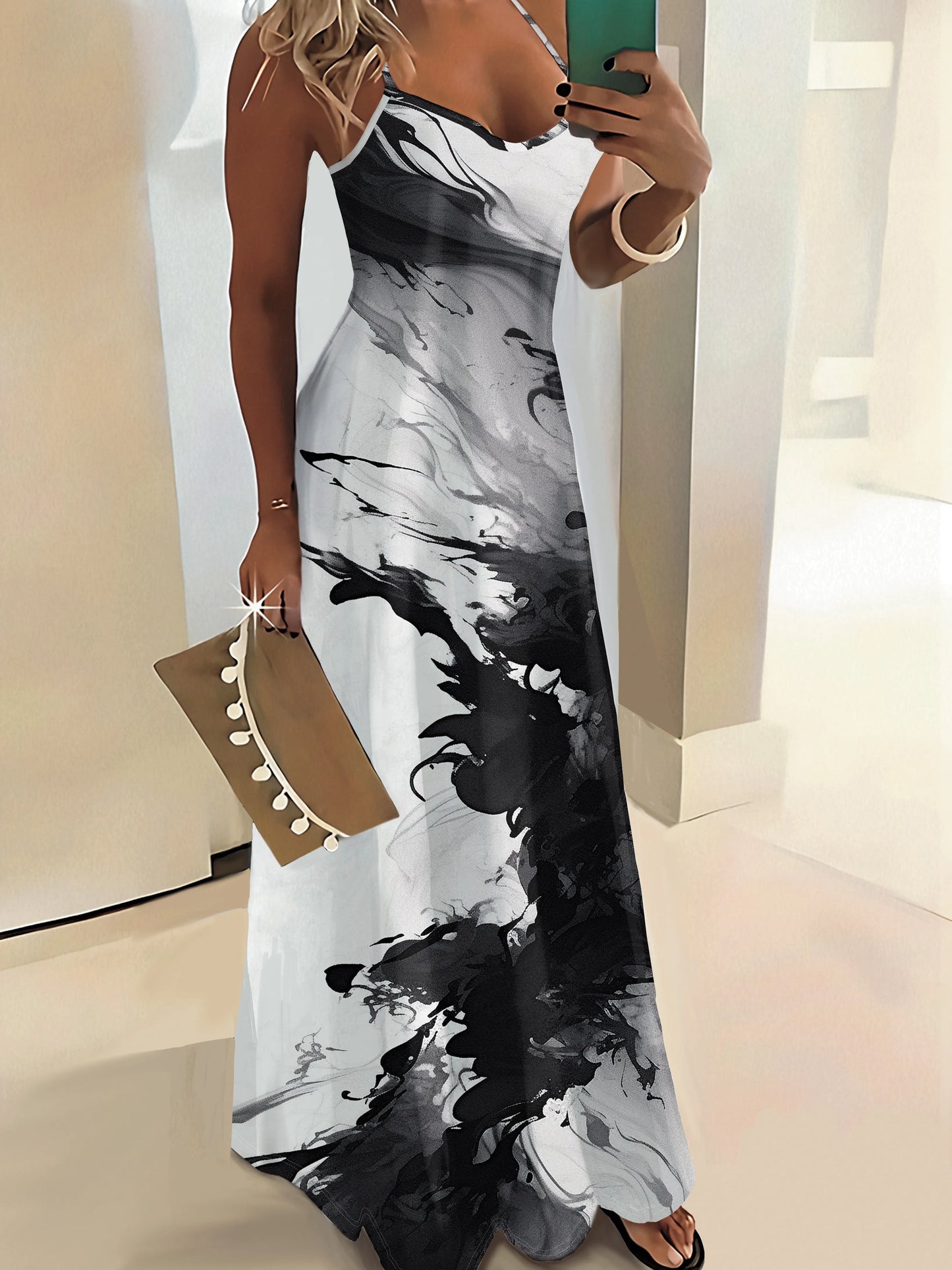 Abstract Marble Print Sleeveless Maxi Dress