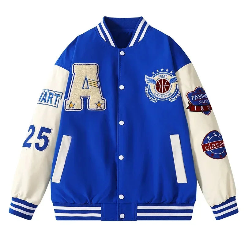 Varsity Baseball Bomber Jacket Bone Letter Patchwork Leather Jackets