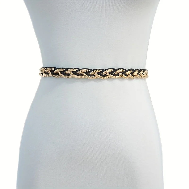 Women's Metal Braided Waist Belt with Tassel Stylish Black & Golden Design