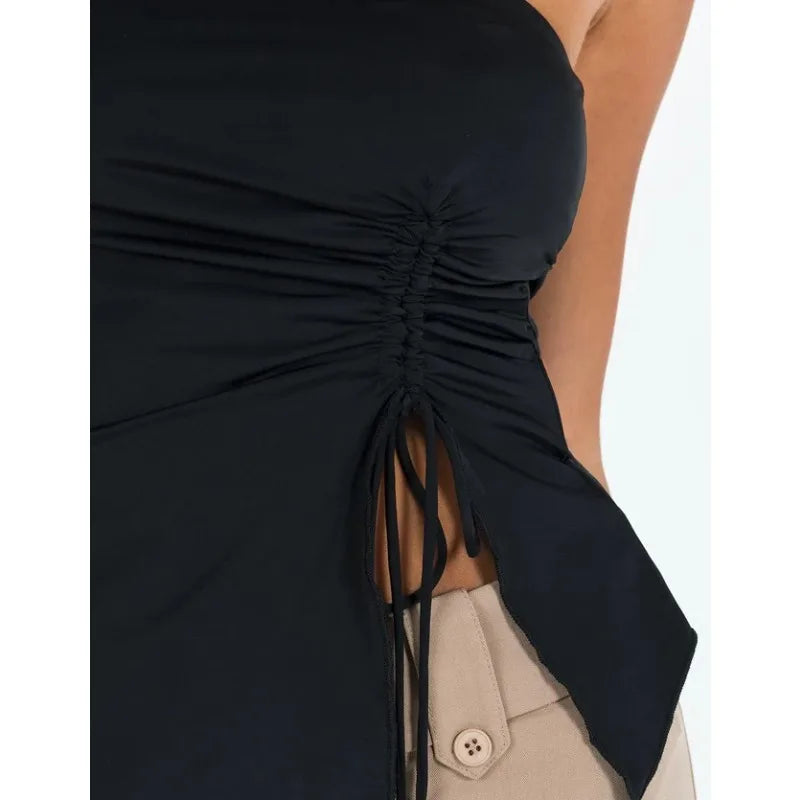 Women Tanks Solid Off Shoulder Asymmetric Drawstring Slit