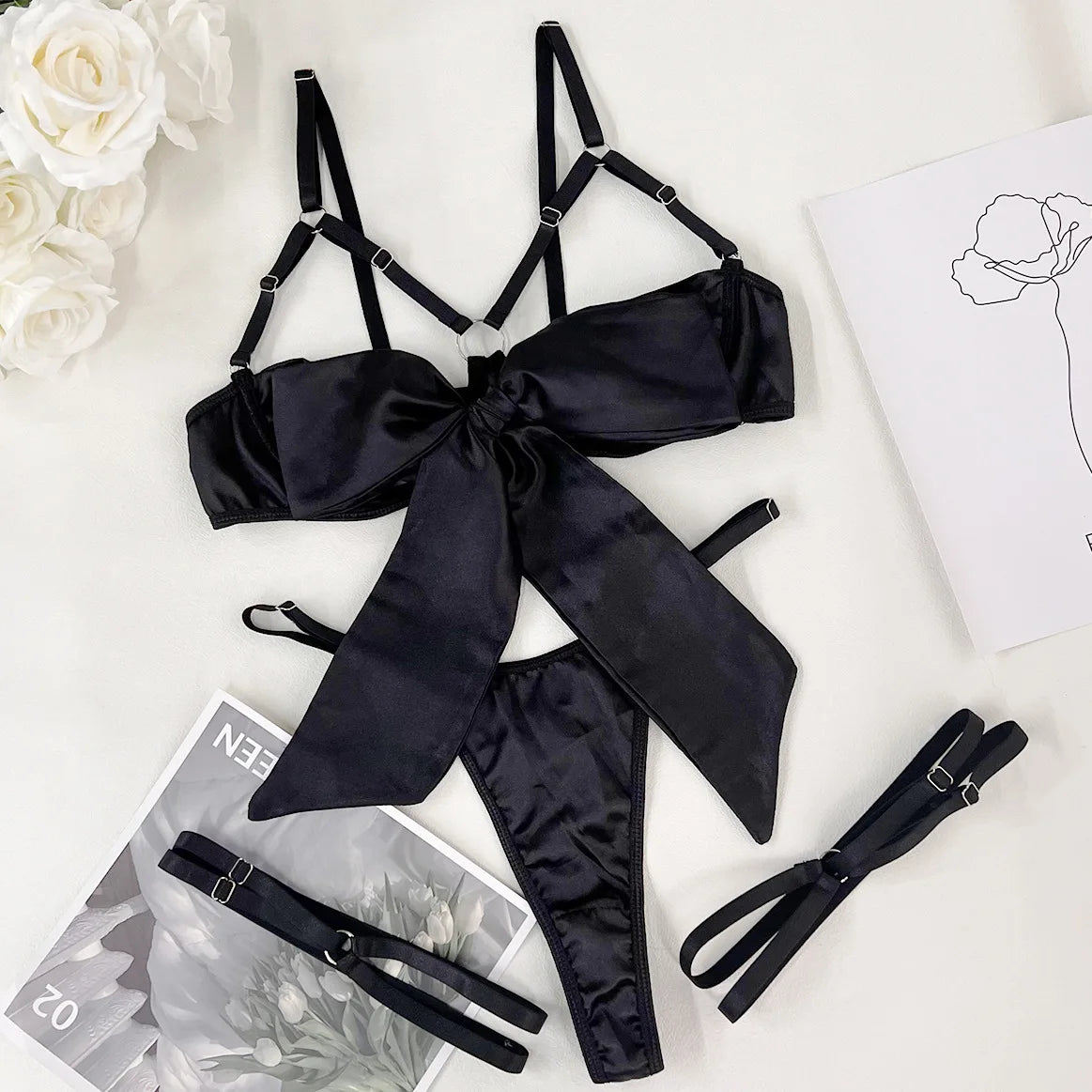 Women's 3 Piece Lingerie Set Sexy Hollow Out Satin