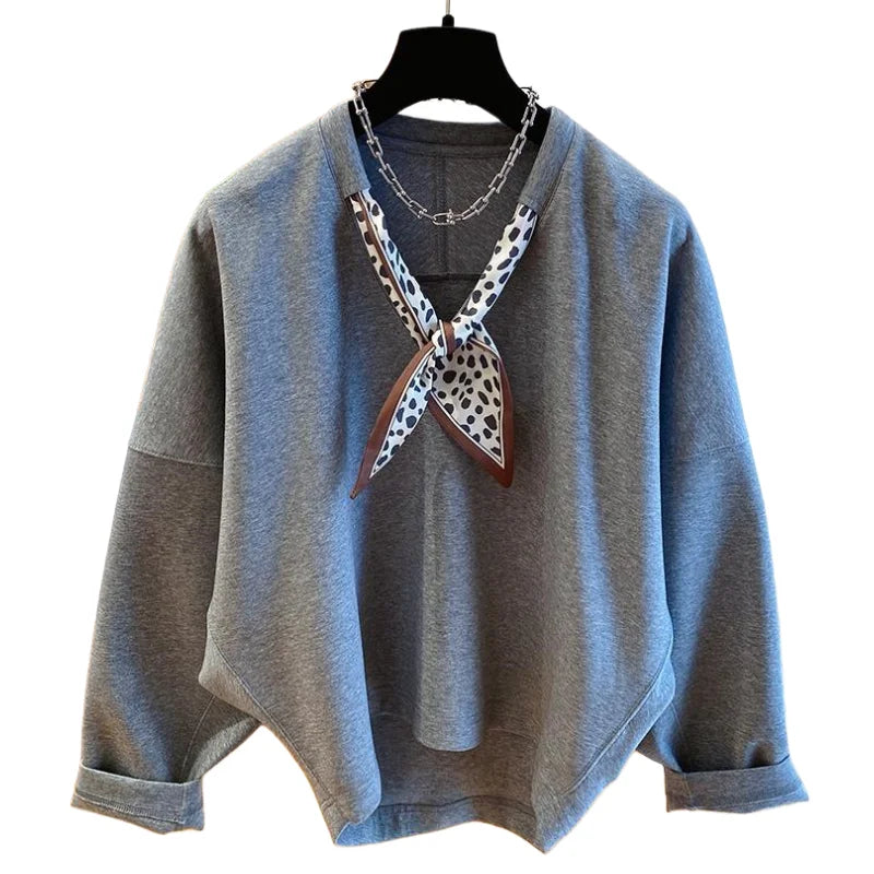 Women's Solid Color Sweatshirt with Scarf