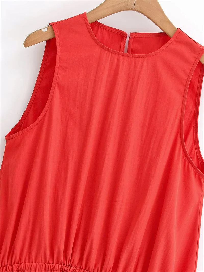 Red Round-neck Sleeveless Dress for Women