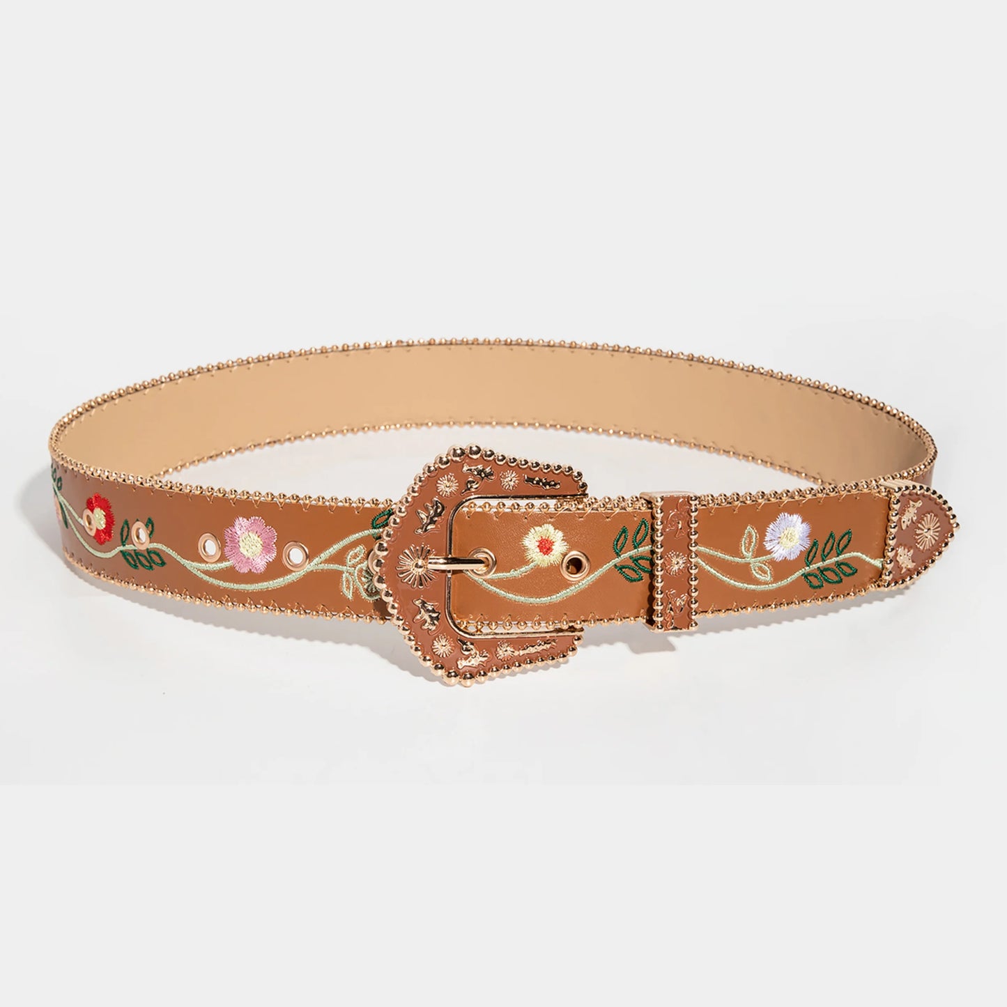 Women Retro Casual Multi-Color Carved Beaded Random Floral Embossed Bead-Edge Belt