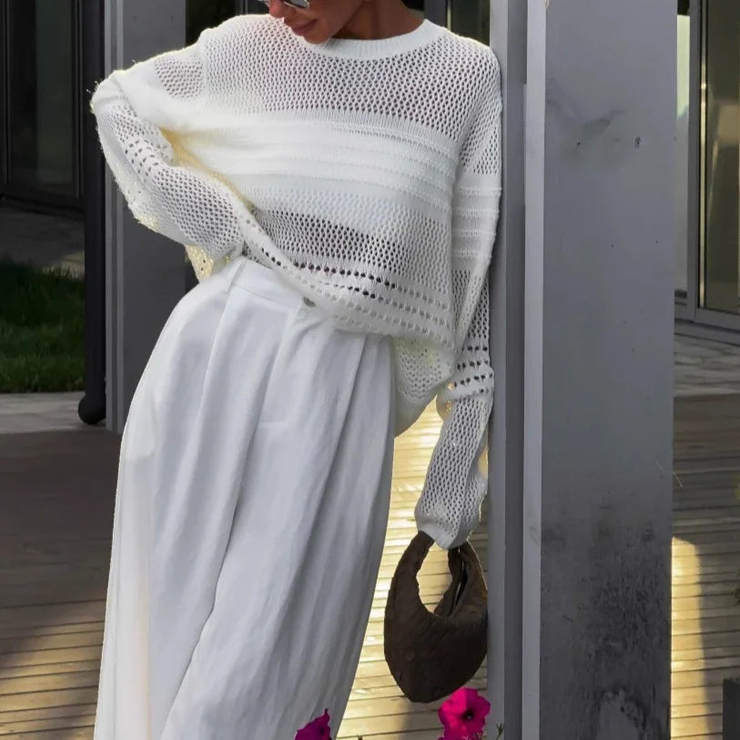 Women's Knit Top Loose Fit Crochet See Through Blouse