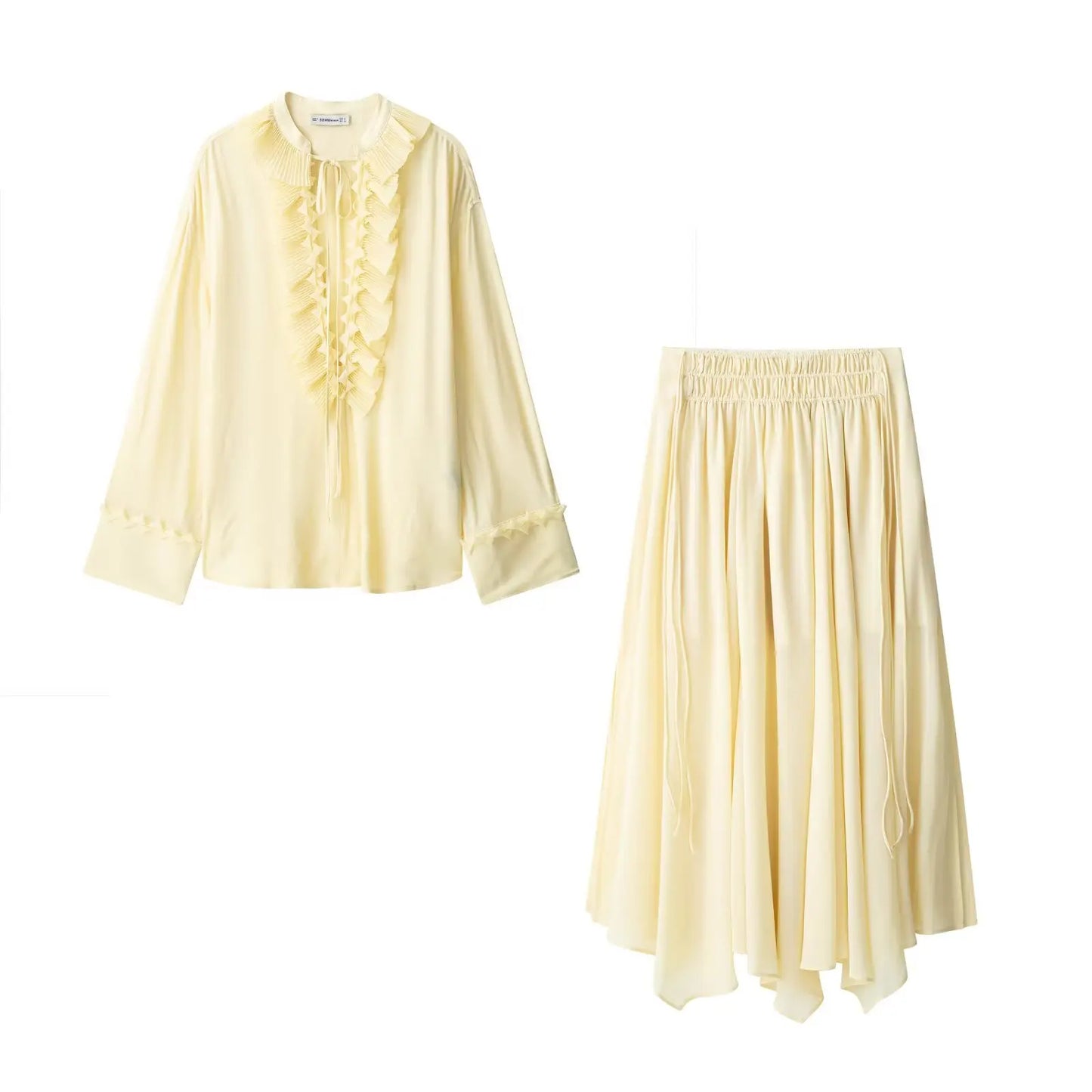 HH Women's Fashion Blouses Light Yellow V-Neck Long Sleeves Tierred Decoration