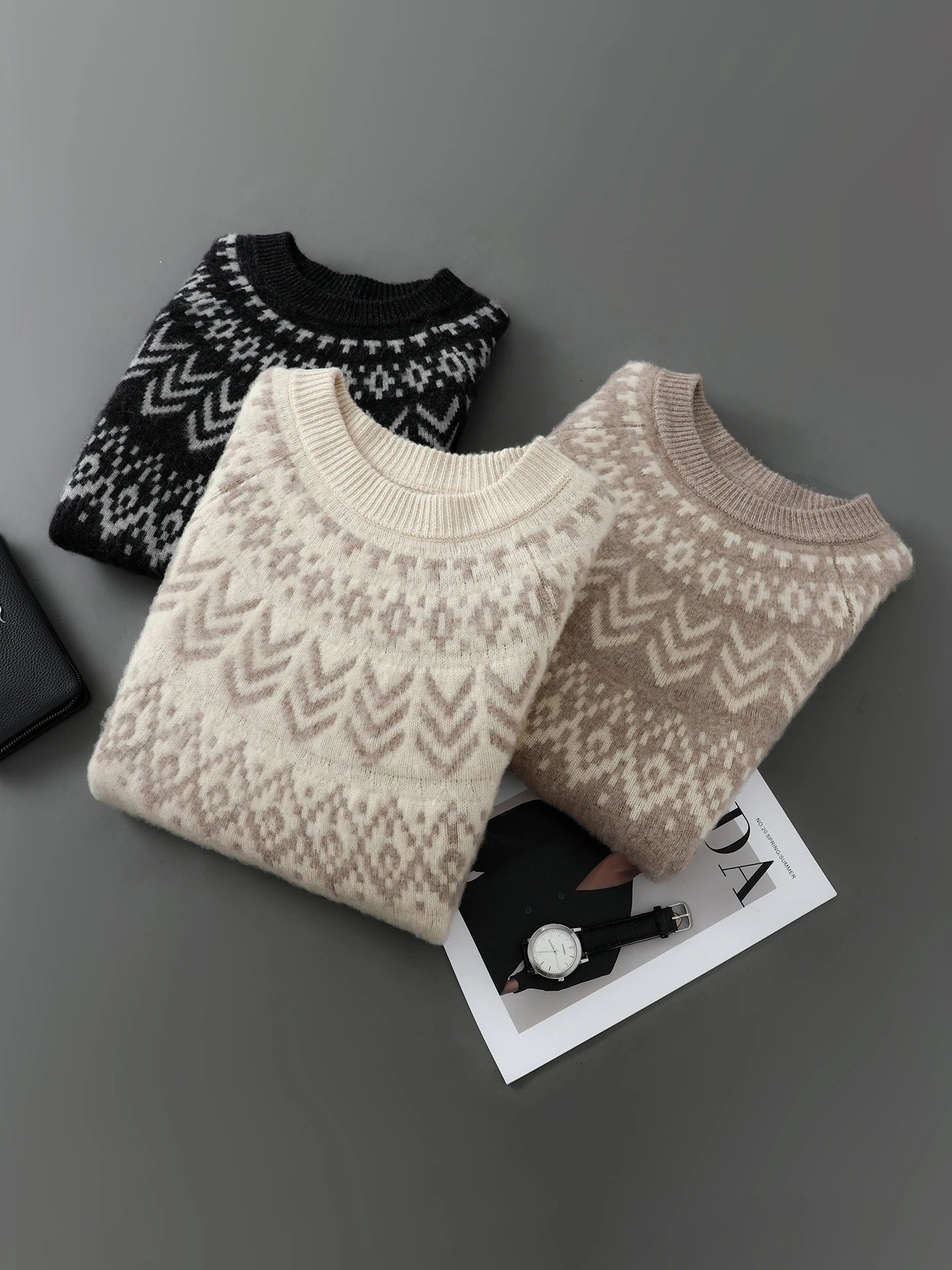 Merino Wool Pullover Sweater O-neck Fair Isle Jacquard