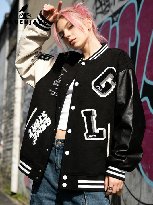Women's Varsity Jacket Faux Leather Sleeve Baseball Uniform