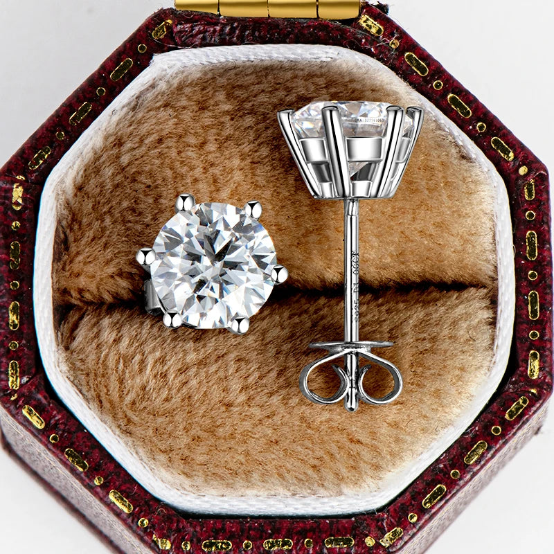 Moissanite Men Earrings Original 925 Silver 2CT Round Diamond Piercing Studs