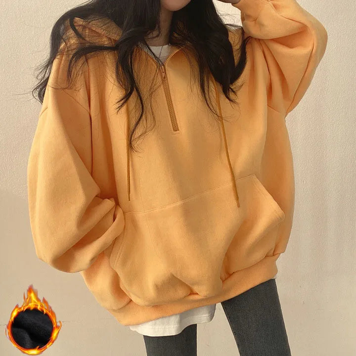 Women Hoodie  Loose Oversized Solid Color Top Half Zip Up Sweatshirt
