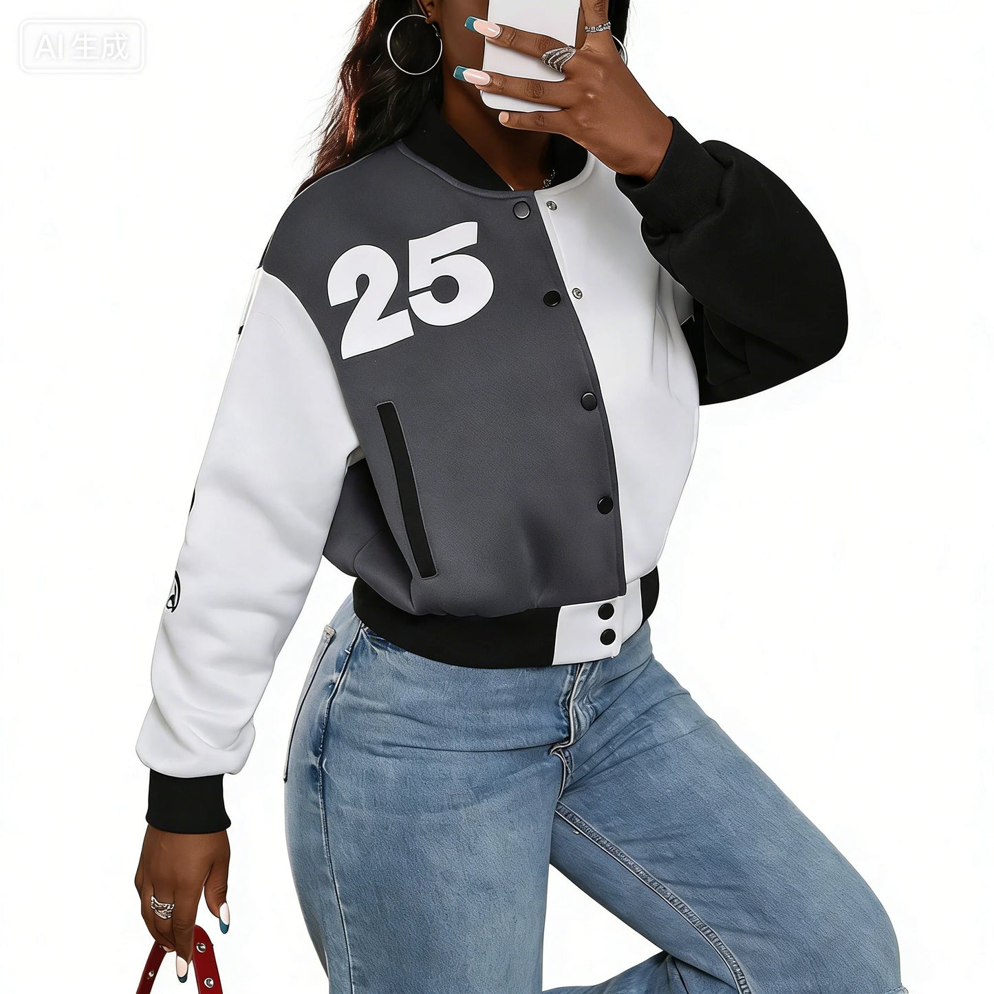 Women's Trendy Varsity Jackets Knitted Baseball Coats with Button Front Pockets