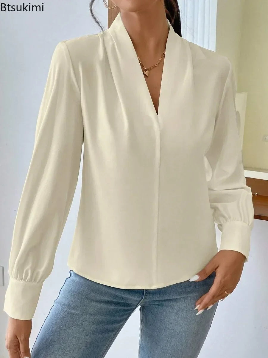 Women's Elegant Blouses Solid Color Long Sleeve V Neck Shirts