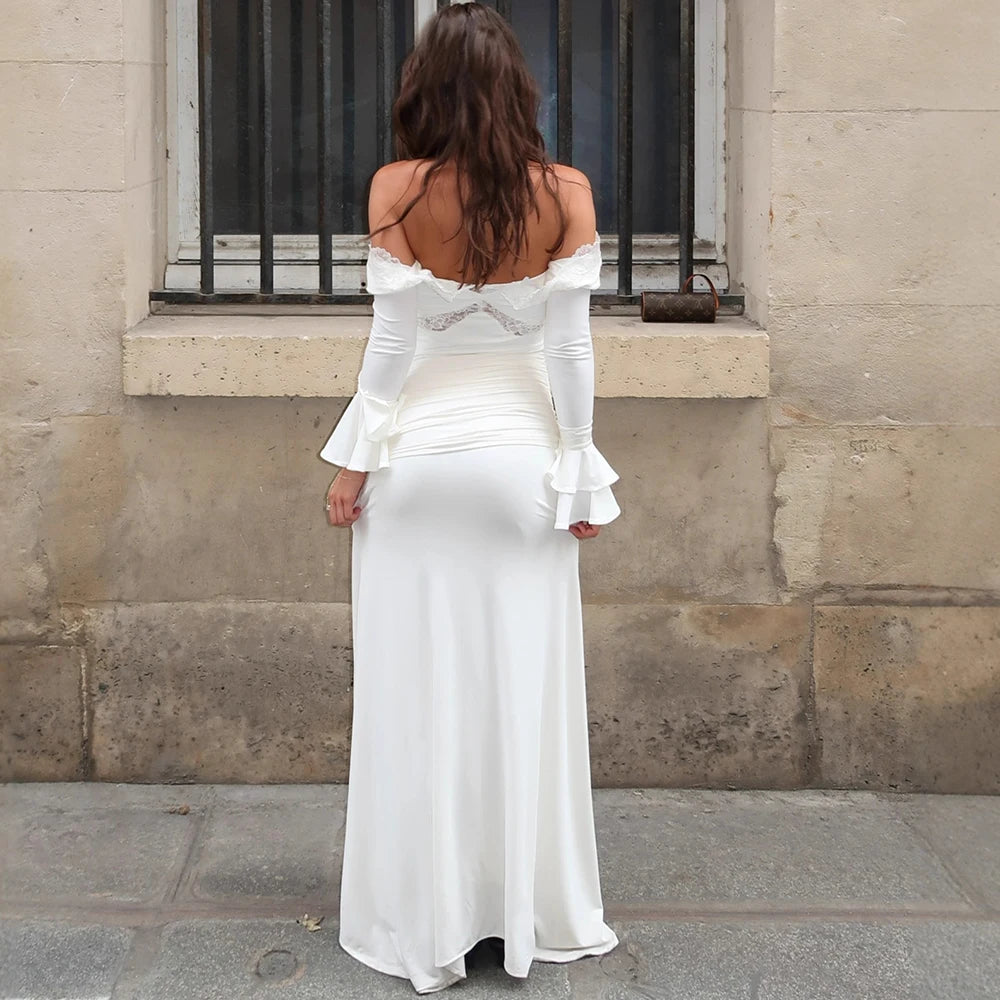 Women's Elegant  Long Flared Sleeves Slim Hollow Out Laced Dress