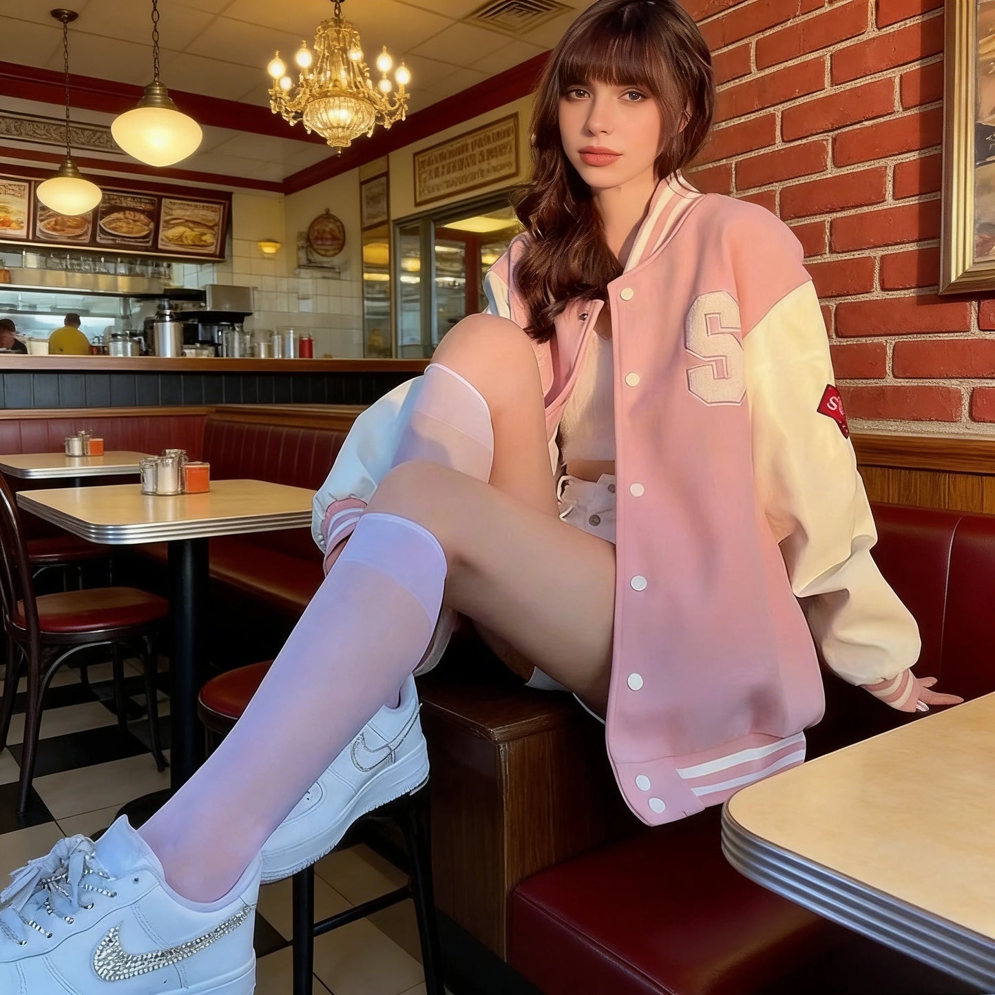 Women's Vintage Preppy-Style Fleece-Lined Pink Baseball Jacket