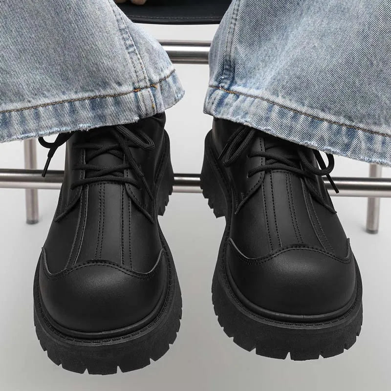 Men's Leather Loafers:Chunky Platform Derby Shoe Wide-Toe Casual Loafers