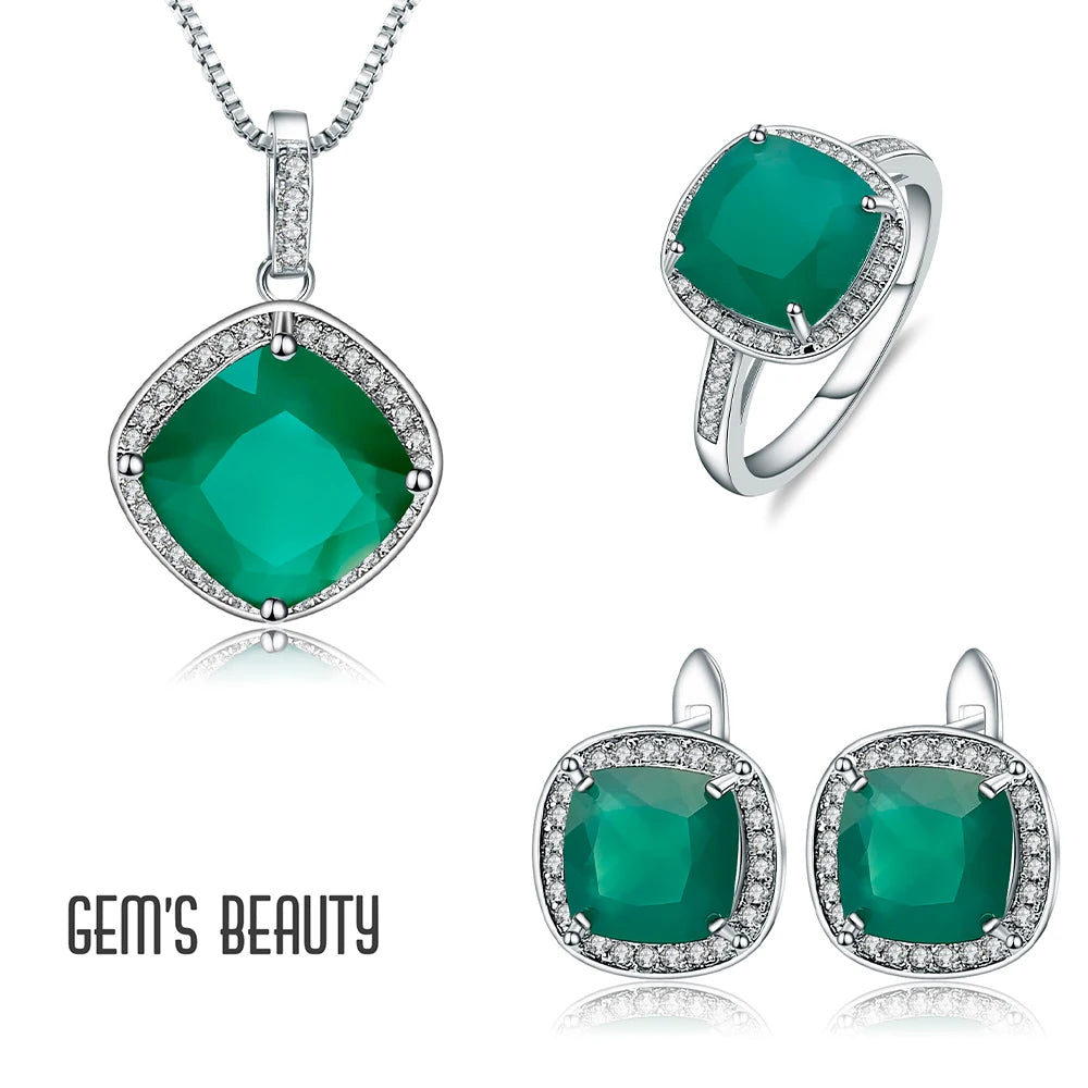 sterling silver original certified green agate stone women's jewelry set
