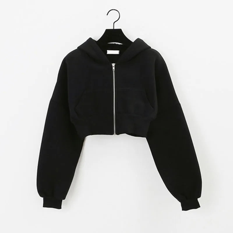 Cropped Zip Up Women Hoodies Vintage with Pockets Short Sweatshirt