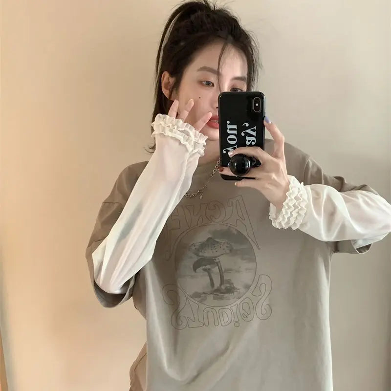 Print Grey Graphic Loose Women's T Shirts