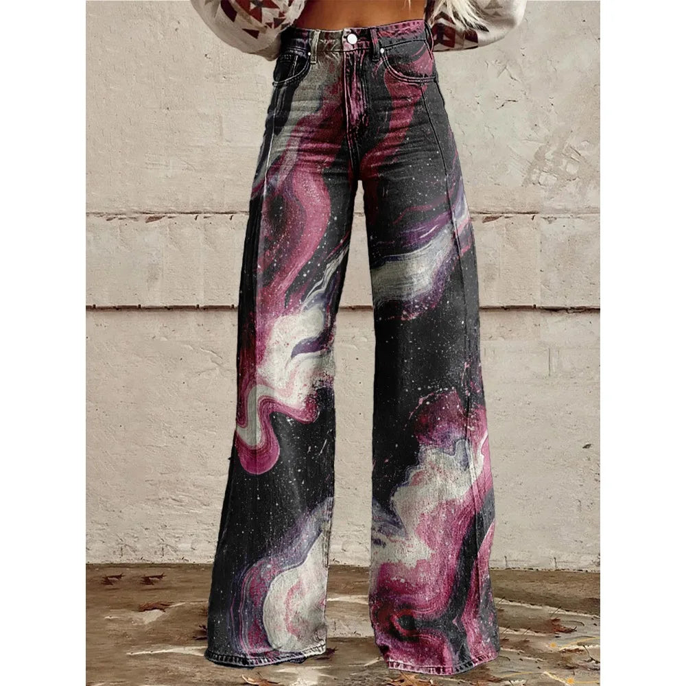 High Waisted Wide Leg Pants Artistic Ink Wash