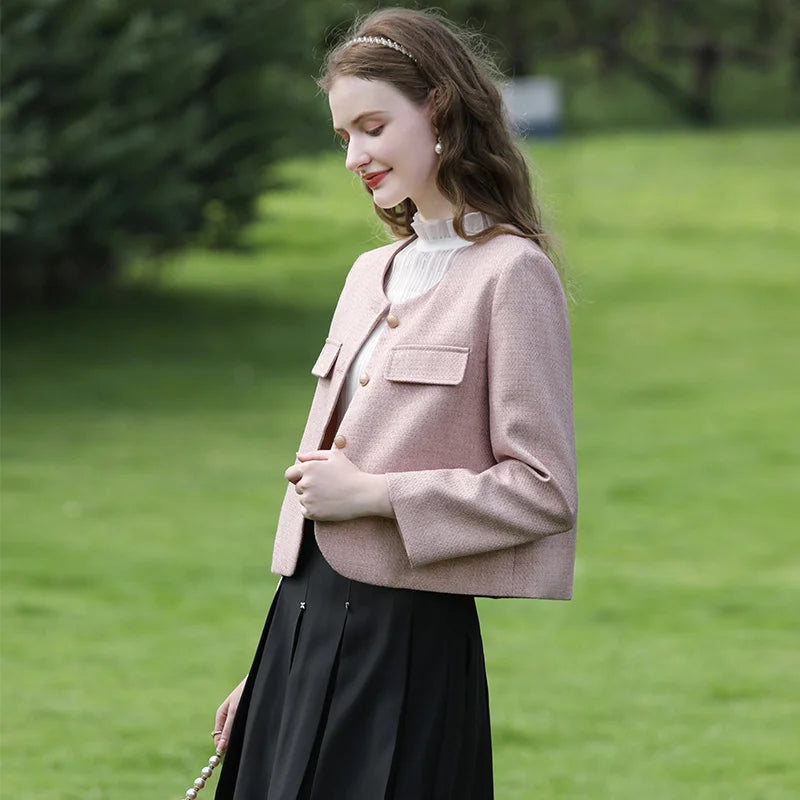 Crew-neck Single-breasted Coats Retro Elegant Light Luxury Jackets