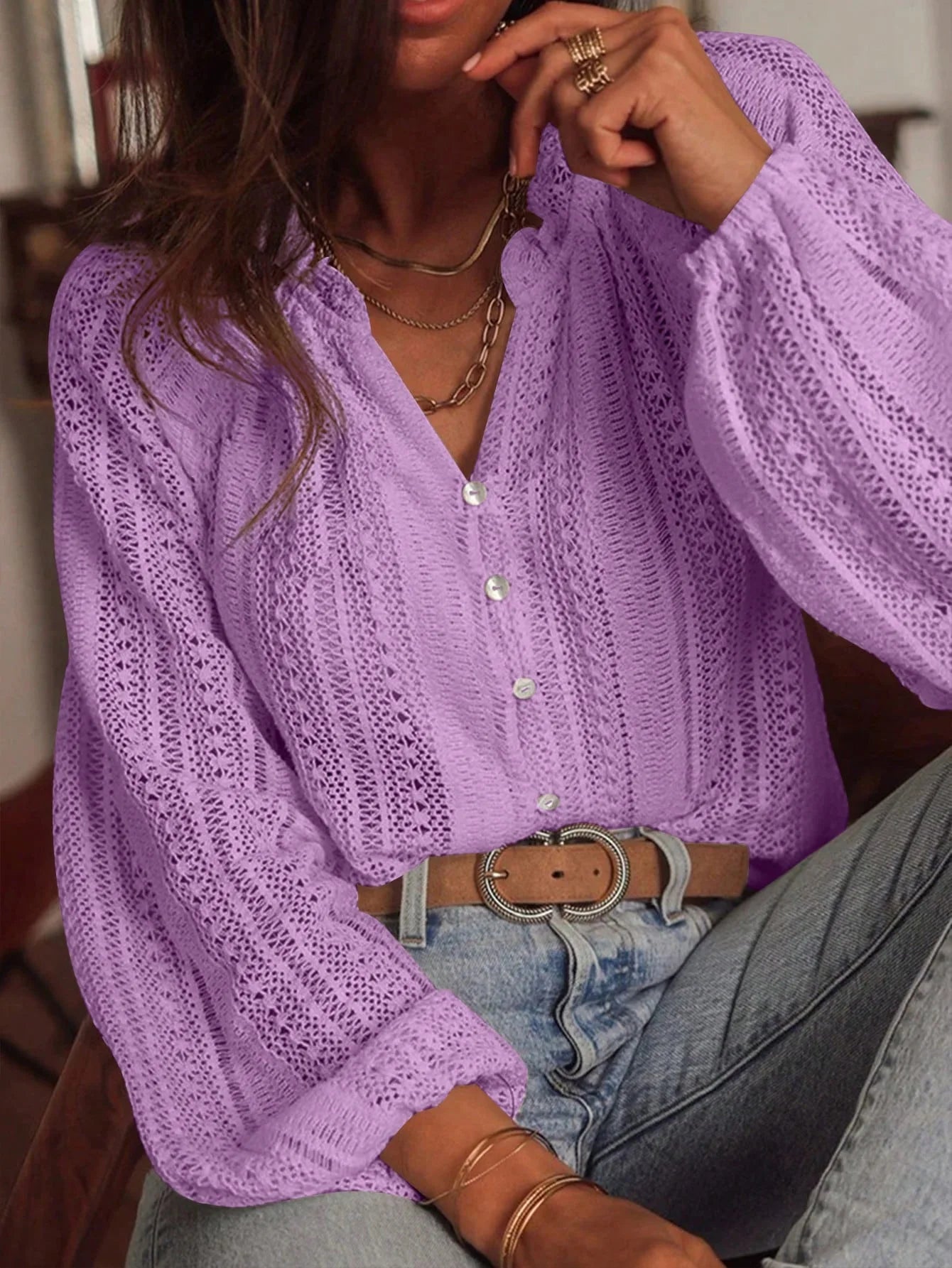 Women's Blouses  Loose Fashion Simple All-Match Hollow Lace V-neck Single Breaked