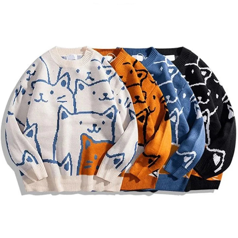 Cartoon Cat Knitted Sweater. Men 's  Jumper Knit Oversized Vintage Sweater