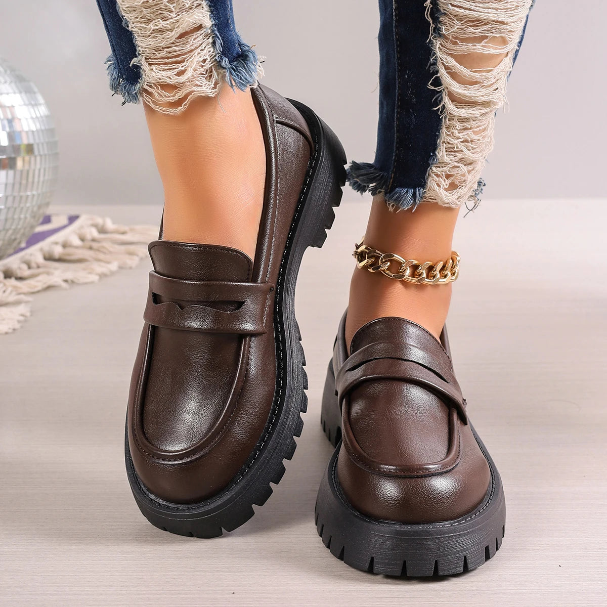 Casual Platform Loafers Leather Shoes for Women