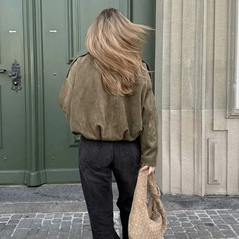 Women's Bomber Jackets  Turn-down Collar Long Sleeve Loose Coats