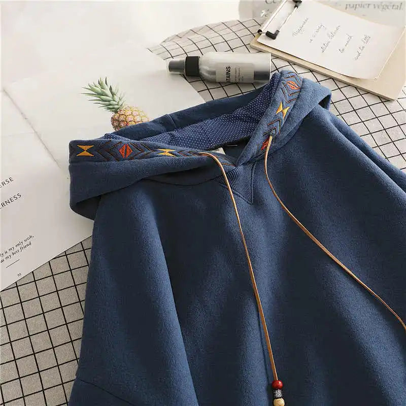 Women's Hoodie Drawstring Tassel Exquisite Embroidery Large Pocket Thick Pullover