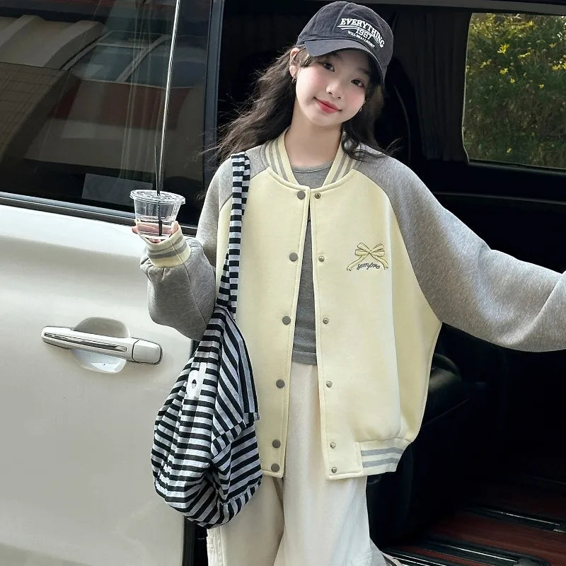 Girls Baseball Jacket  Casual Sports Bow Letter Embroidered Button Down Varsity Coat
