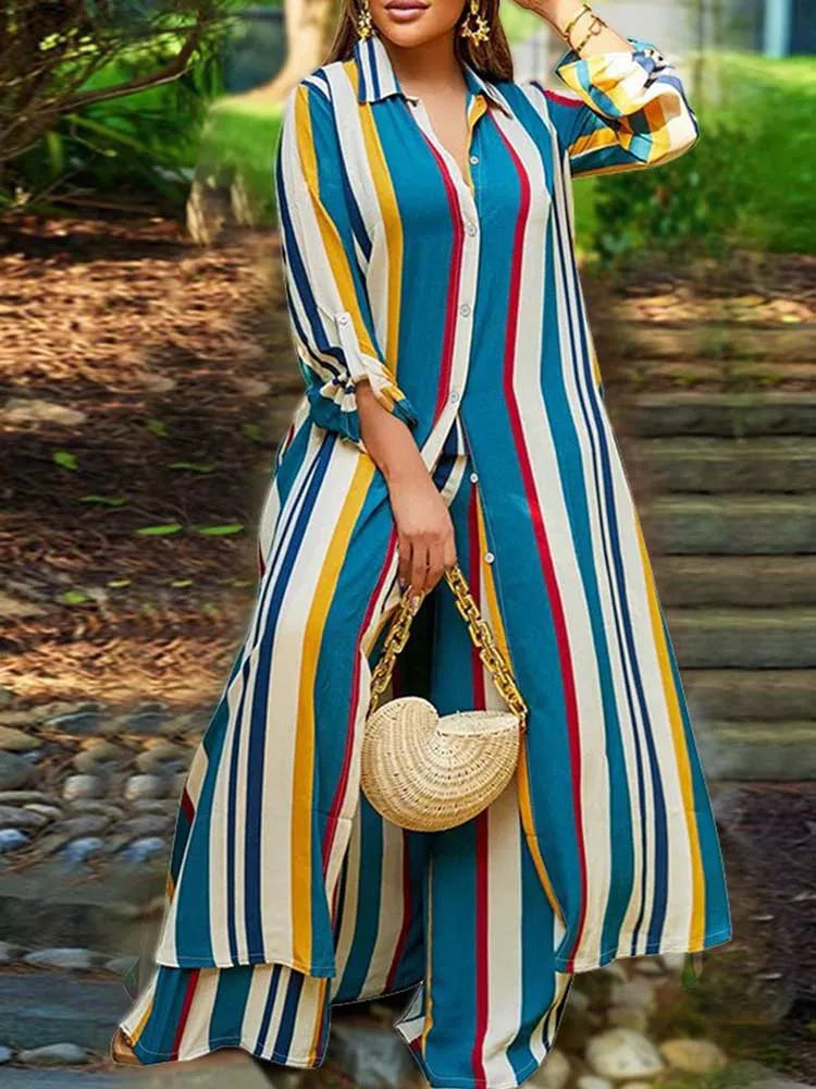 Elegant 2-piece Sets for Women  Long Shirt Blouse Full Sleeve Striped Plus Size Matching Sets