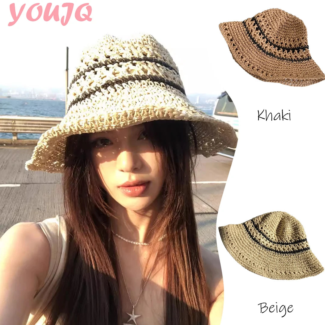 Ladies Floppy Straw Hats Wide Brim Beach Foldable Straw Sun Cap