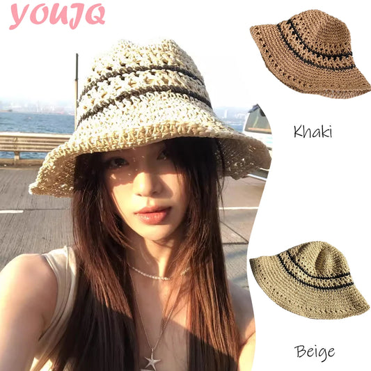 Ladies Floppy Straw Hats Wide Brim Beach Foldable Straw Sun Cap