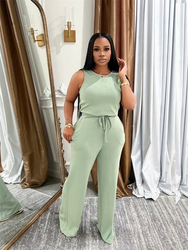 Solid Casual Jumpsuit Sleeveless Drawstring High Waist One Pieces Rompers