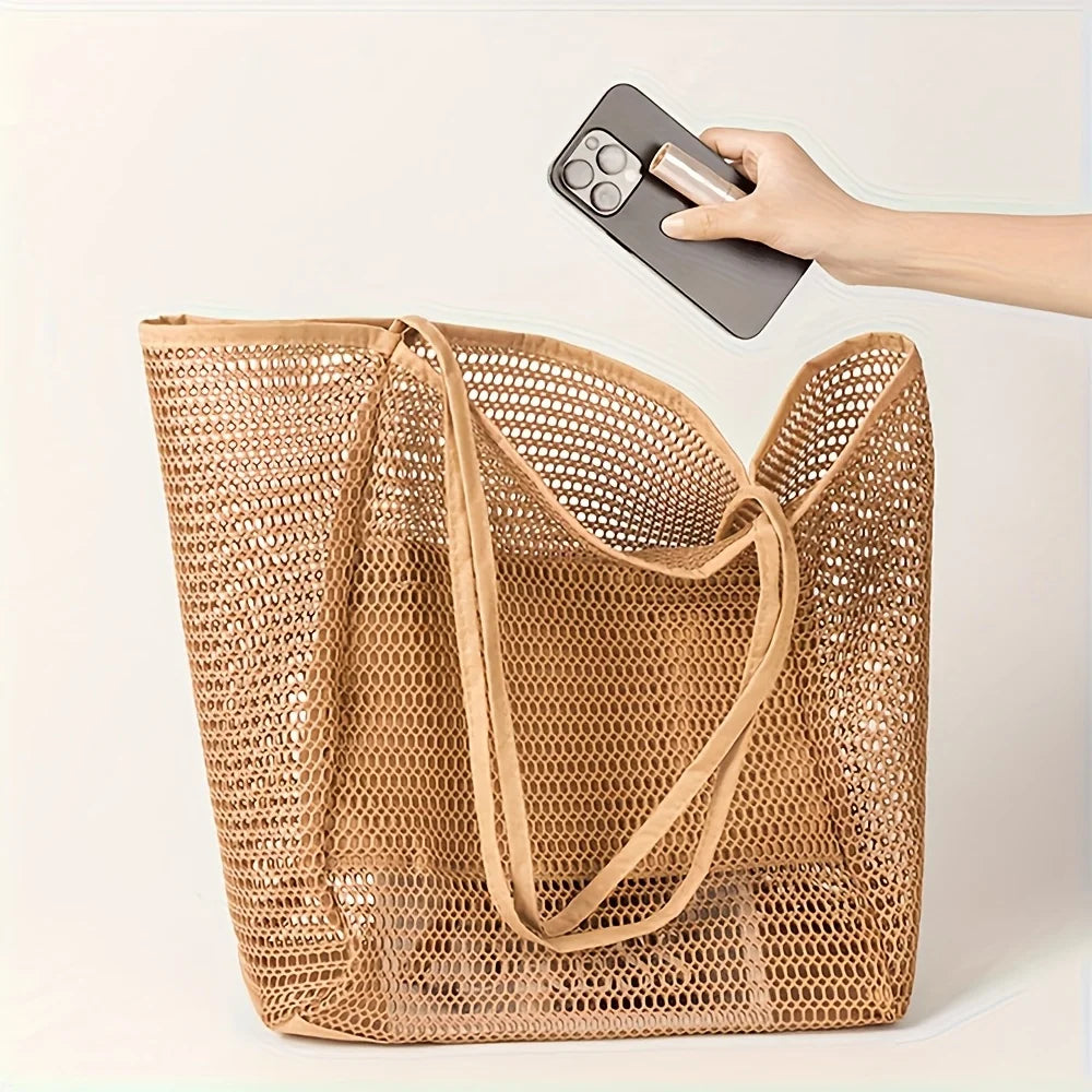 Women's Large Capacity Beach Tote Bag - Durable Polyester Woven Shoulder Bag