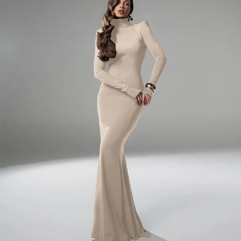 New Sexy Solid Backless Elegant  Casual Slim Turtleneck Long Sleeves Dress