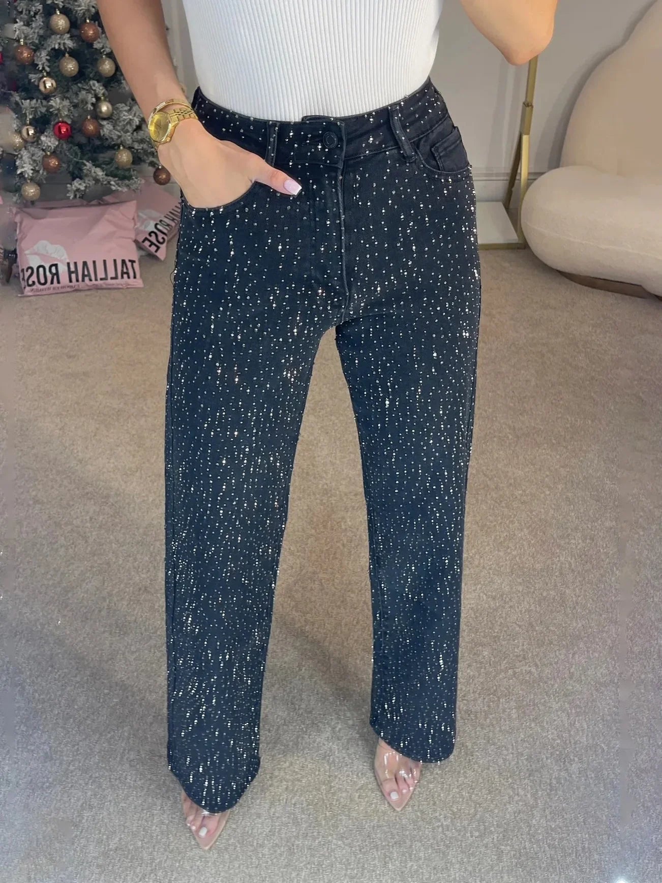 Straight Jeans for Women Diamonds Pants Stretch