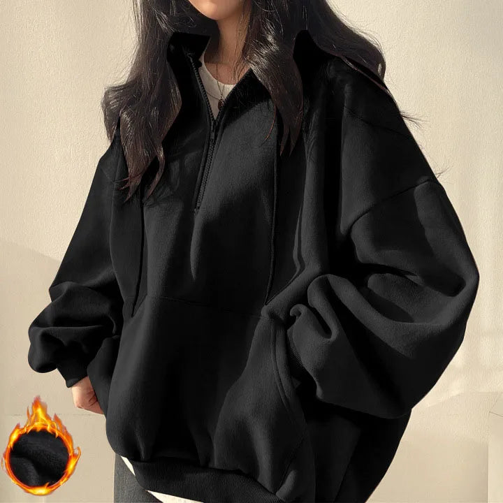 Women Hoodie  Loose Oversized Solid Color Top Half Zip Up Sweatshirt