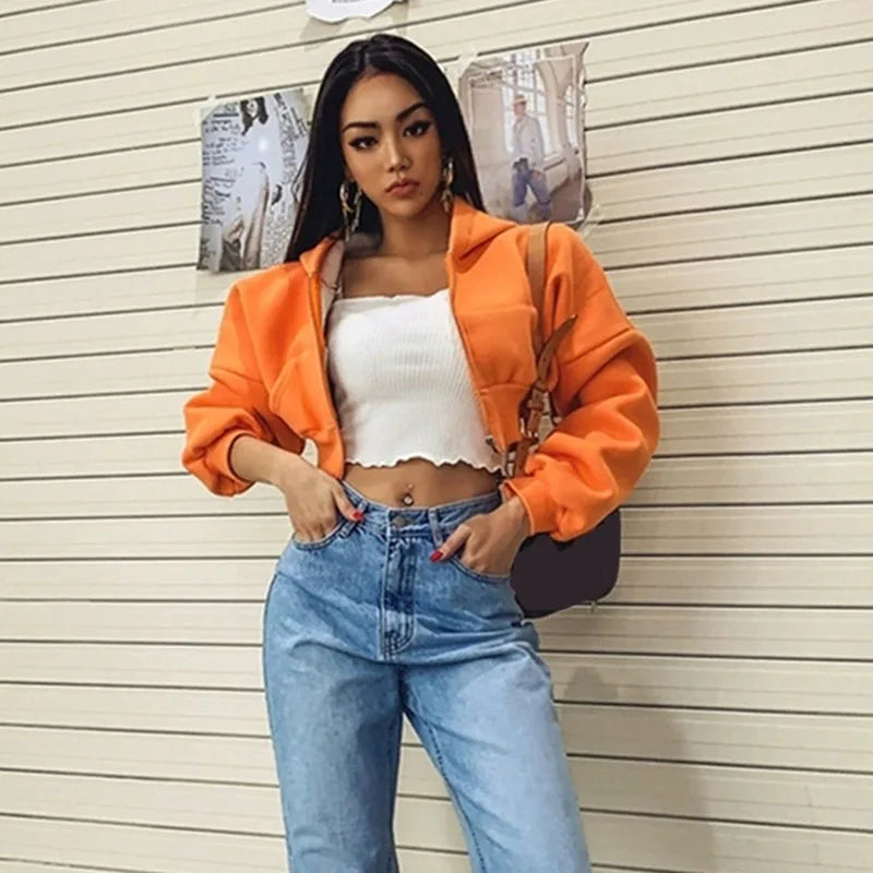 Cropped Zip Up Women Hoodies Vintage with Pockets Short Sweatshirt